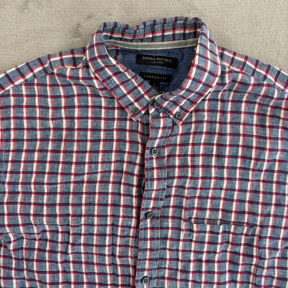 Banana Republic Camden Fit Shirt Men Large‎ Blue Red White Plaid 100% Linen NWOT